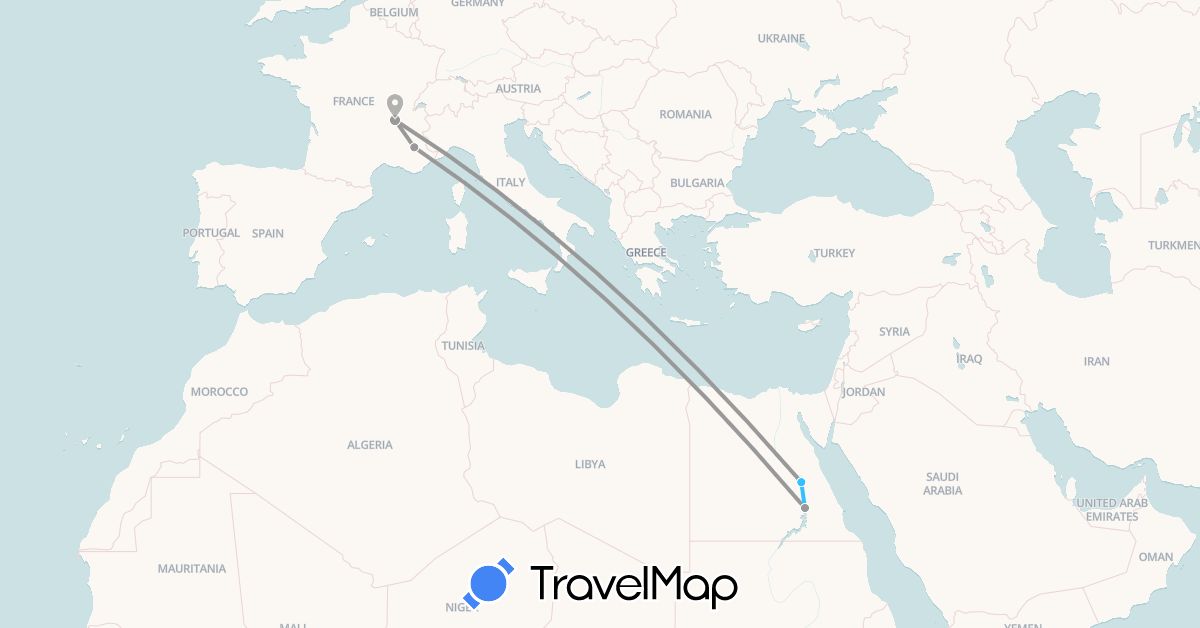 TravelMap itinerary: driving, plane, boat in Egypt, France (Africa, Europe)